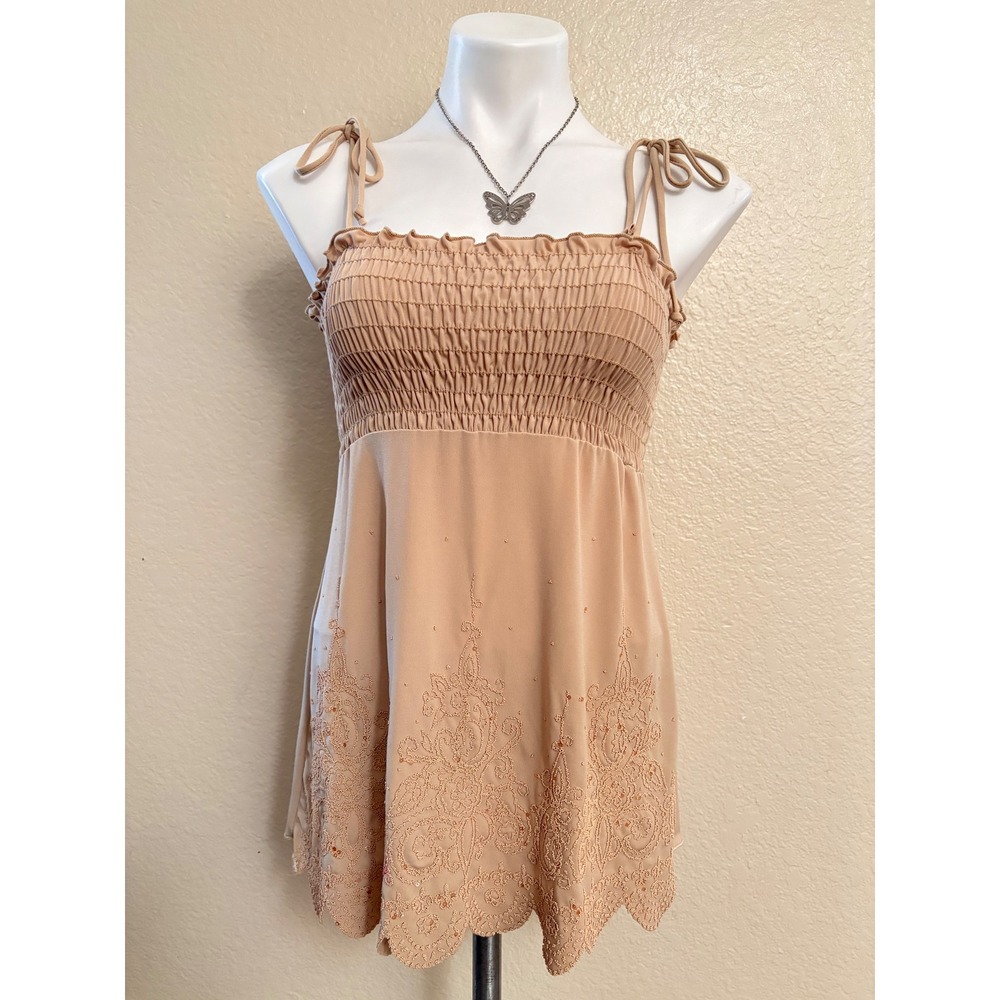 Y2K Lipstick Tan Smocked Boho Camisole Top Embroidered Beaded Scalloped